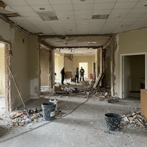 Interior demolition, repurposing the spaces to adapt the room for a different use.