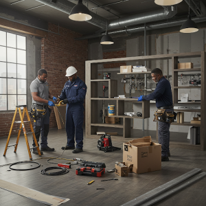 Interior design contractors coordinate all the different tradespeople involved (electricians, plumbers, carpenters, painters, etc.) to ensure everyone works together seamlessly.