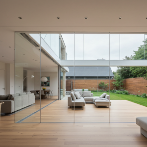 Interior glass wall for open plan living room.