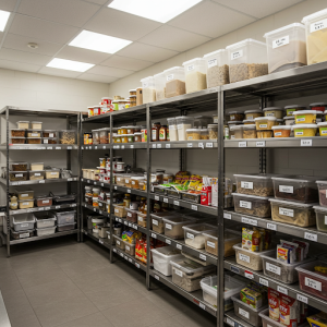 Label shelves and containers in commercial kitchen food storage.