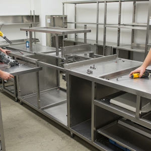 Large furniture (commercial kitchen set, shelves, cabinets) is disassembled into parts using hand and power tools