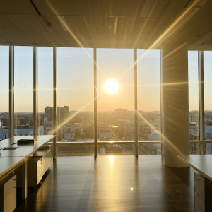 Large office windows so that the sun's rays freely penetrate the room.