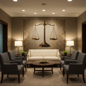 Lawyer's office waiting room with comfortable seating, soft lighting, and the scales of justice mural.