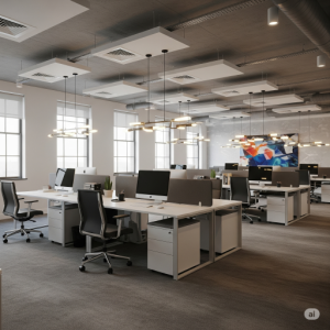 Layered Office Lighting. Combined ambient, task, accent, and decorative lighting create a versatile and dynamic environment.
