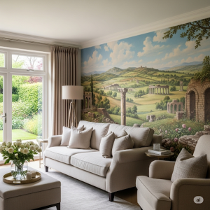 Living Room Pastoral Arcadia with Classical Ruins Wallpaper Mural.