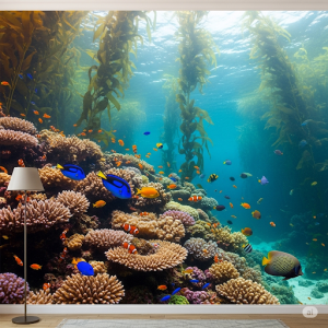 Living Room Underwater World Wallpaper Mural. Vibrant coral reefs, swimming fish, and flowing kelp.