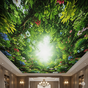 Lush Botanical Canopy Ceiling Wallpaper. A vibrant mural of an overhead botanical canopy. 