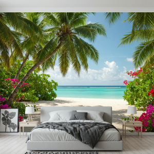 Lush palm trees, vibrant flowers, turquoise waters, and a sandy beach bedroom wallpaper.