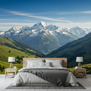 Majestic mountains with snow-capped peaks, rolling hills, and a clear blue sky bedroom wallpaper.