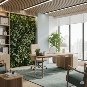 Managing Director's Office Biophilic Interior Design. Integrating natural elements like plants, natural light, and organic materials to promote well-being and productivity.