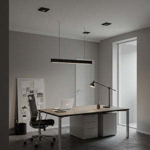 Minimalist office lighting focuses on the practical lighting of the work desk, ensuring that it serves a purpose without distracting from the overall design of the area.