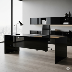 Modern & Minimalist Executive Office Desk. A sleek, minimalist desk featuring a clean silhouette crafted from high-gloss lacquer.