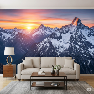 Mountain Range Living Room Wallpaper Mural. A panoramic view of majestic peaks, with a sunrise.