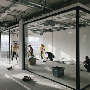 New office space design, glass partition walls installation.