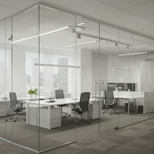 Office doors made of glass, working on the pendulum principle, as part of partitions.