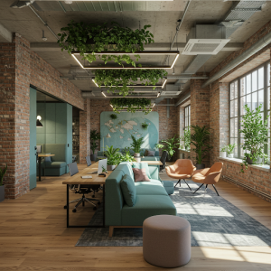 Office eco-style remodeling with plants, natural light, and a pleasant interior design.