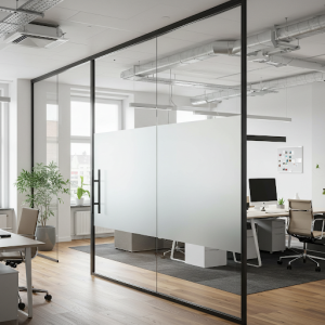 Office interior decoration with frosted glass wall partition.