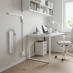 Office interior design with cable organisers, and cord covers make home office space a neat and appealing one to work in.