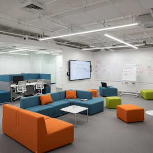 Office layout encourages movement and interaction, featuring comfortable seating arrangements, shared screens, and ample whiteboard space.