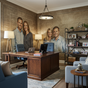 Personalized home office with family portrait murals.