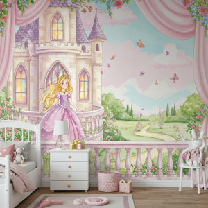 Princess in a castle girls' bedroom mural wallpaper.