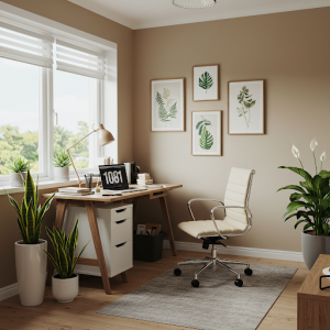 Refurbished home office with a few decorative live indoor plants.