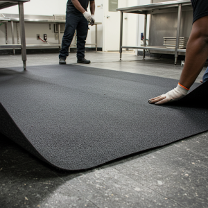 Replacing a commissary kitchen floor wiith rubber for excellent slip resistance and comfort underfoot, making it suitable for areas where staff stands for long periods.