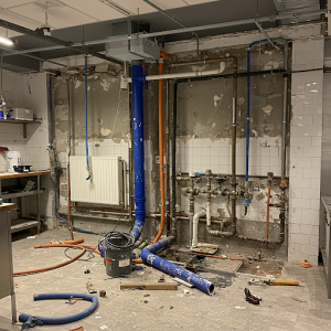 Replacing a restaurant kitchen's old water and sewer pipes, heating radiators, and risers.