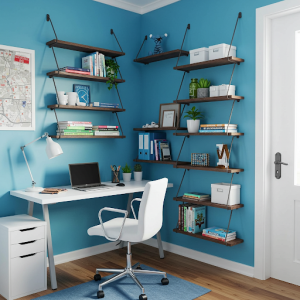 Small office makeover with vertical organisation by hanging floating shelves.