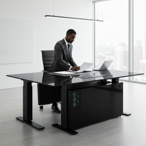 Smart executive office desk that adjusts to personal preferences.