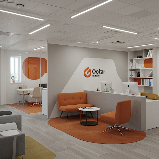 The company logo and corporate colors are integrated into the minimalist office interior design, preserving its aesthetics.