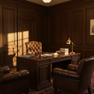 Traditional lawyer's office interior design with dark wood panelling, leather chairs, and a large mahogany desk.