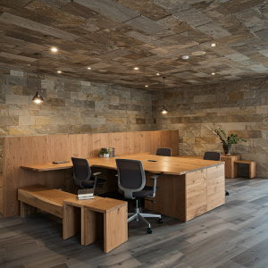 Uncoated and recycled wood is used for office furniture and floors, and natural stone on walls.