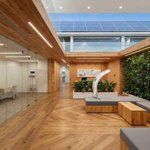 Use of eco-friendly materials and energy-efficient systems in a commercial company office renovation.