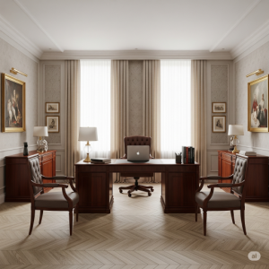 Wallpaper in neutral colors and light parquet boards favorably emphasize the presentability of furniture in the Chief Executive's Classic Office Design.