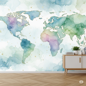 Watercolor Dreamscape Mural Wallpaper. Continents are rendered in soft, flowing watercolor washes of blues, greens, and pastels, creating an ethereal and calming artistic effect.