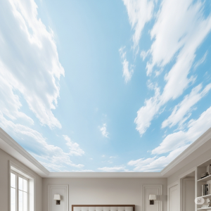 Wispy Cloudscape Ceiling Wallpaper. For a light and airy feel, a mural of soft, billowy clouds against a pale blue sky.
