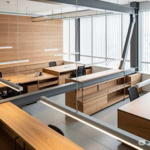 Wood and metal in commercial office interior design.