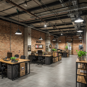 Workspace industrial interior design, exposed brick walls (and other elements such as beams, wiring, and pipes).