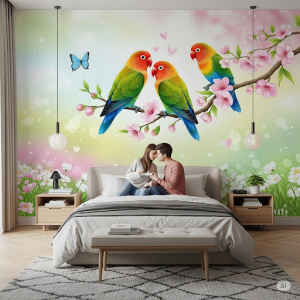 Lovebirds on a Branch, Young Couples Bedroom Wallpaper.