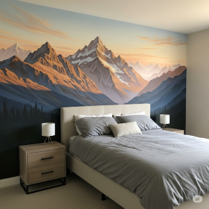 a majestic mountain range mural bedroom wall painting.
