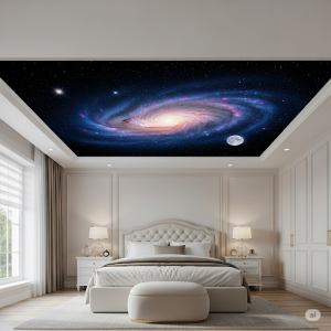 a well-designed celestial mural that adds depth and dimension to a bedroom, making it feel larger and more expansive
