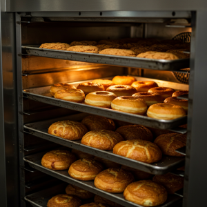 commercial convection oven baking trays of pastries