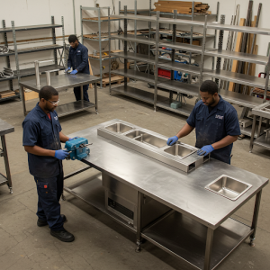 contractors provide custom stainless steel items, such as worktables, shelving, and sinks.