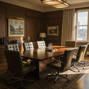 lawyer's conference room with a large table, comfortable chairs, and a professional atmosphere