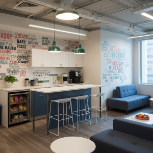 office kitchen renovation transform quiet coffee break area into a space of camaraderie and collaboration. 