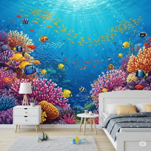 vibrant coral reef teeming with colorful fish, a children's bedroom wallpaper mural.