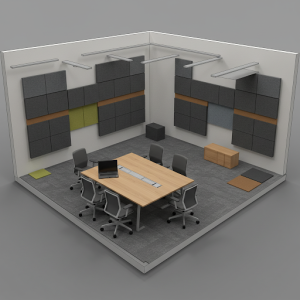 3D modeling visualizes the proposed layout and material integration in the meeting room soundproofing.
