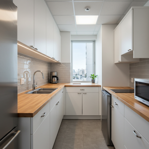 A galley small office kitchen layout.