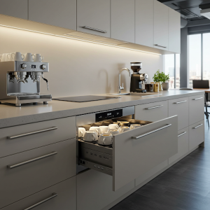 A warming drawer for coffee and espresso cups looks great in this office kitchen.